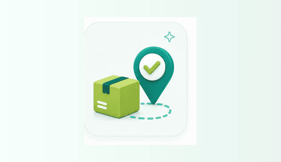 3D parcel and location pin with delivery checkmark